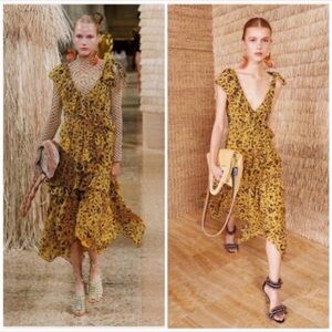 Ulla Johnson Dania Ruffled Midi Dress Handkerchief Hem‎ Gold Size 8 Medium